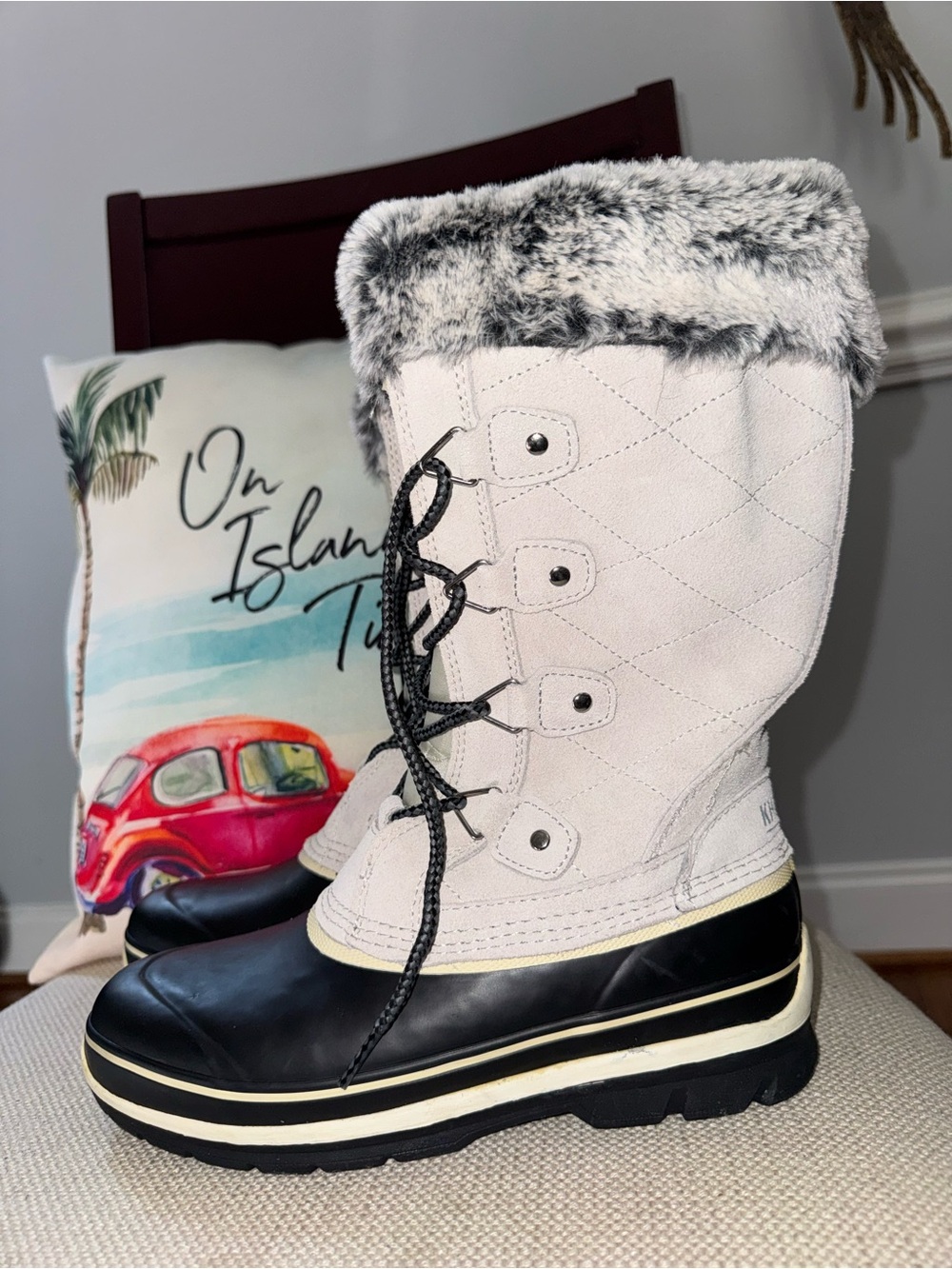 KHOMBU women’s Emily grey black suede lace up winter snow Boots faux fur trim Si